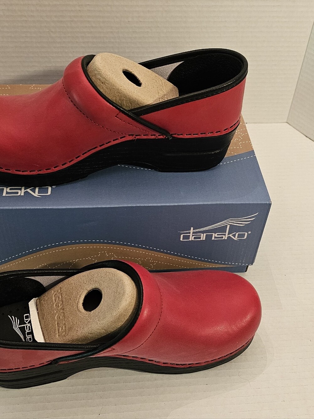 Dansko Red Leather Slip-On Clogs with Black Trim - Picture 3 of 15